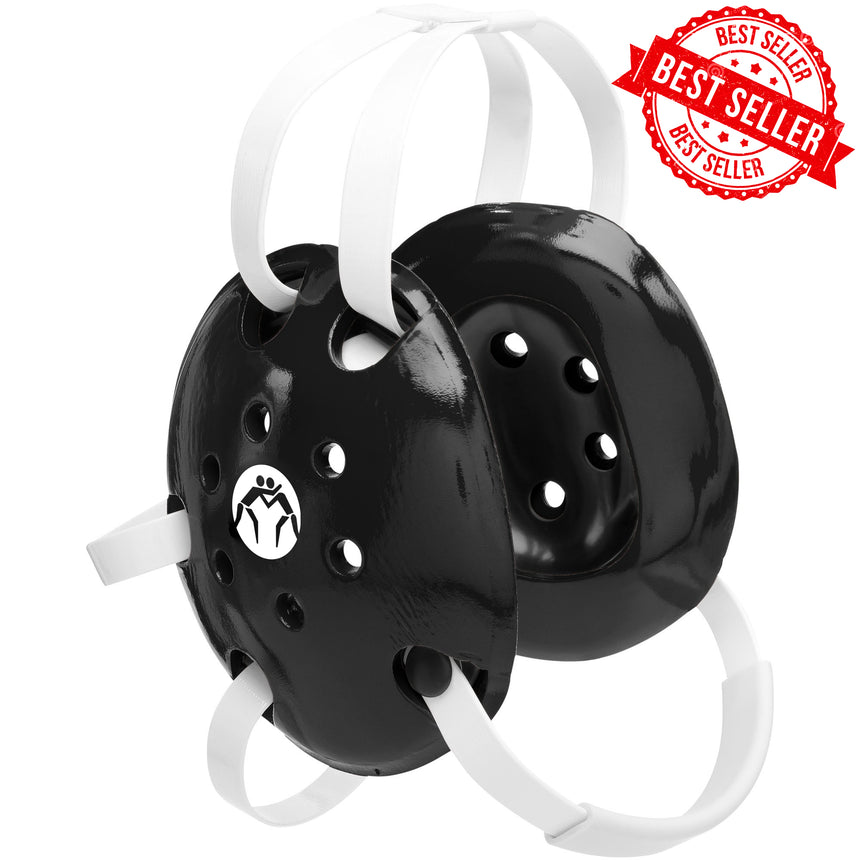 WrestlingMart Throwback Headgear in black and white from a 3/4 front angle