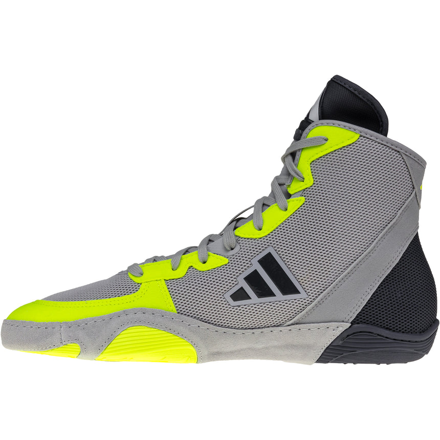Adidas Adizero 7 Wrestling Shoes in Grey, Black, and Yellow side view 2