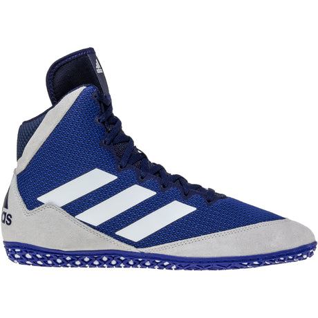Adidas Mat Wizard 5 Wrestling Shoes in Blue, Grey, and White side view