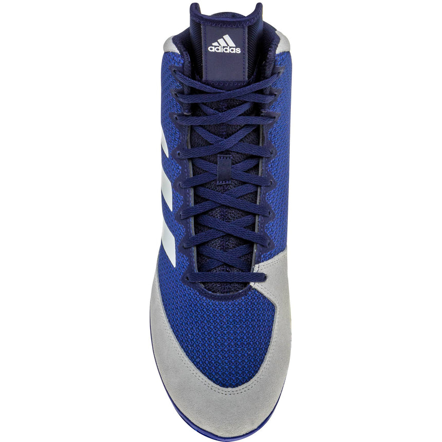Adidas Mat Wizard 5 Wrestling Shoes in Blue, Grey, and White top view