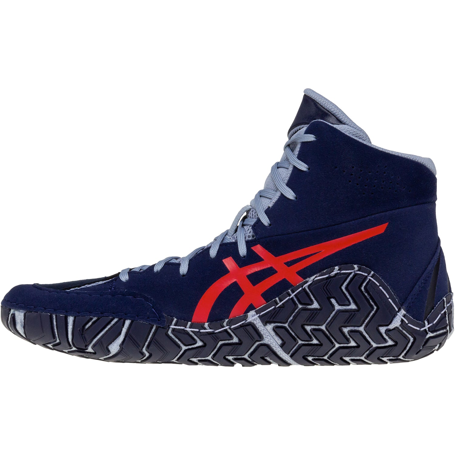ASICS Aggressor 5 Wrestling Shoes in Dark Blue and Red side view 2