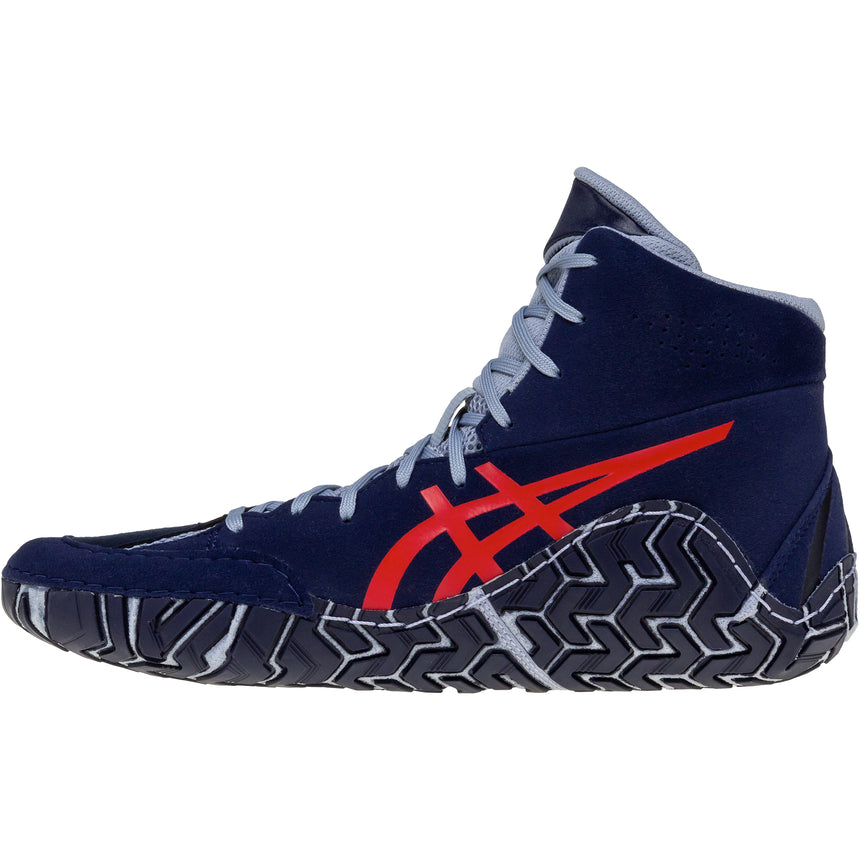 ASICS Aggressor 5 Wrestling Shoes in Dark Blue and Red side view 2