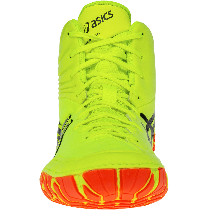ASICS Aggressor 5 Wrestling Shoes in Safety Yellow, Black, and Orange front view