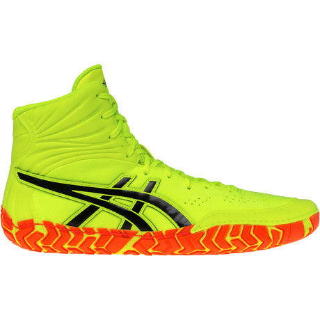 ASICS Aggressor 5 Wrestling Shoes in Safety Yellow, Black, and Orange side view