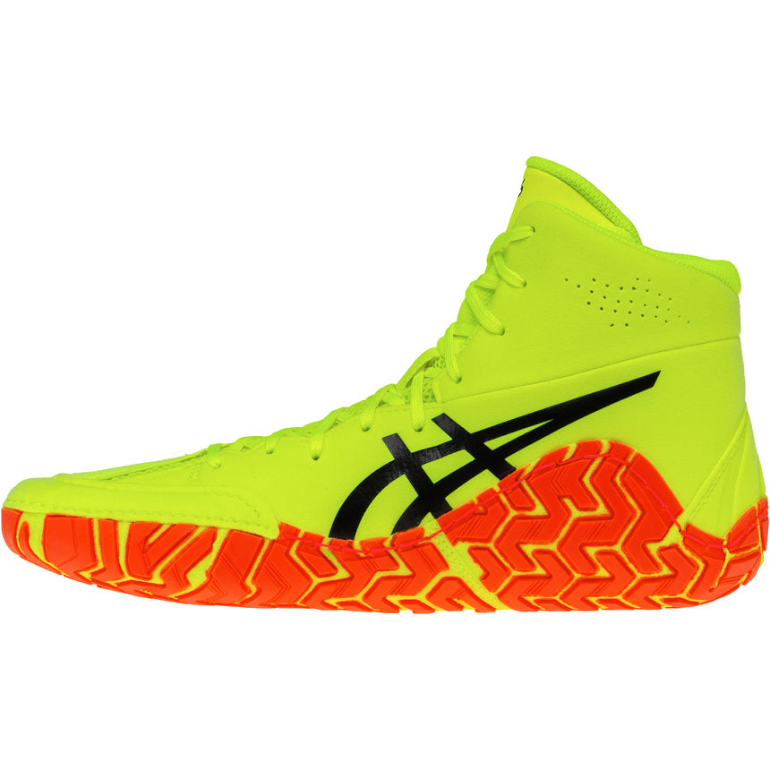 ASICS Aggressor 5 Wrestling Shoes in Safety Yellow, Black, and Orange side view 2