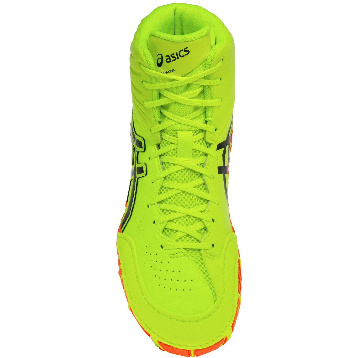 ASICS Aggressor 5 Wrestling Shoes in Safety Yellow, Black, and Orange top view