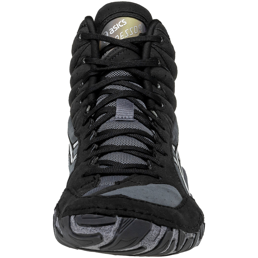ASICS Aggressor 6 Wrestling Shoes in Black and Silver front view