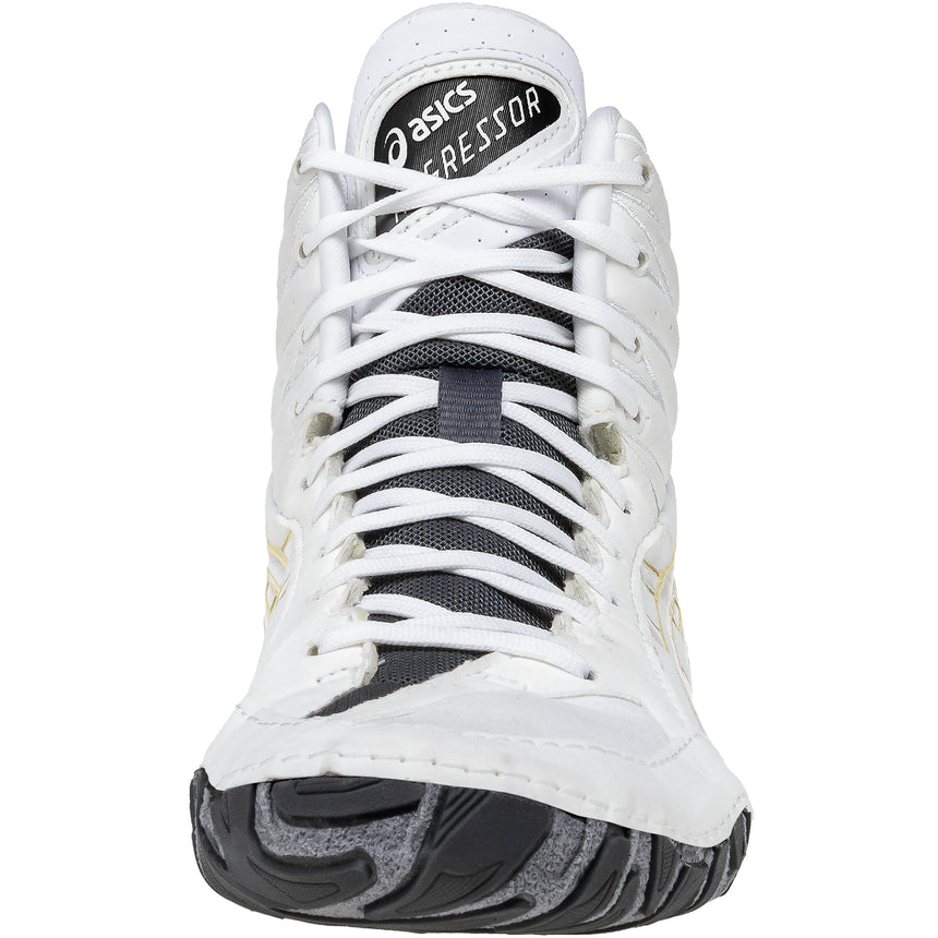 ASICS Aggressor 6 Wrestling Shoes in White and Gold front view