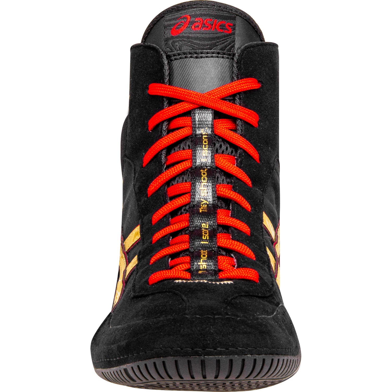 ASICS Dan Gable EVO 3 Wrestling Shoes – Black Pure Gold – lace detail