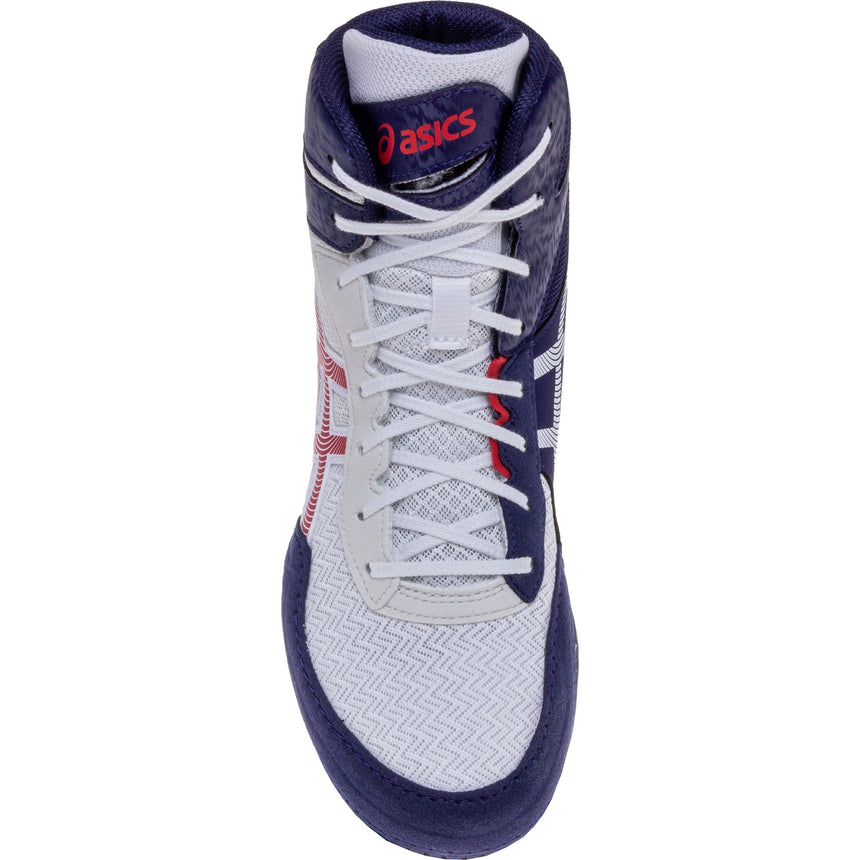 ASICS Matcontrol 3 Wrestling Shoes in Red, White, and Blue top view