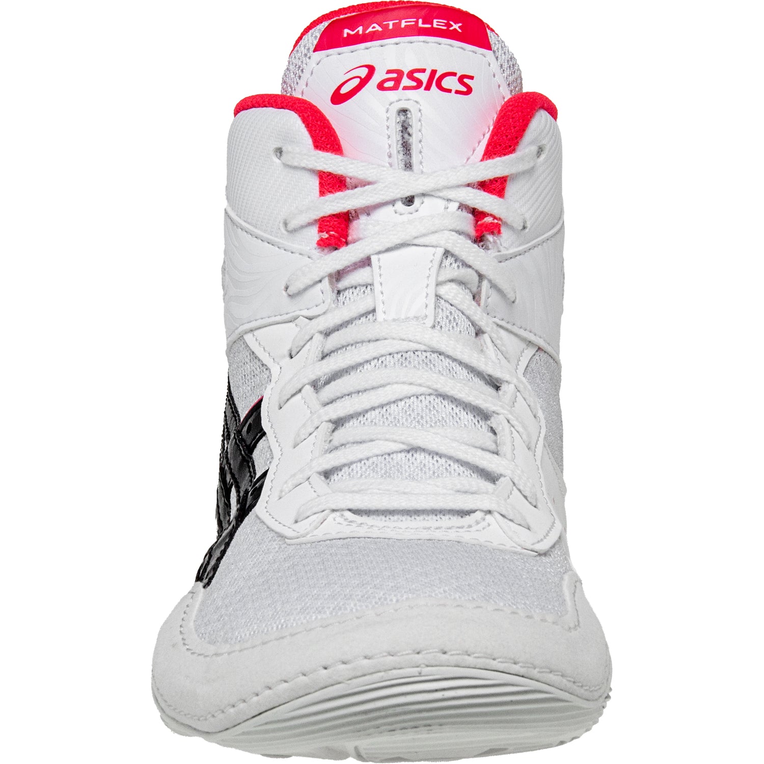 ASICS Matflex 7 Kids Wrestling Shoes in White, Black, and Pink front view
