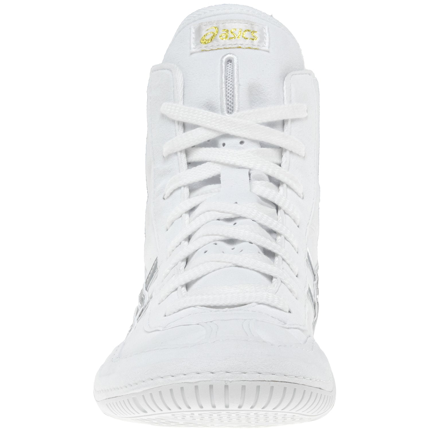 ASICS Prime Attack Wrestling Shoes in White and Pure Silver front view