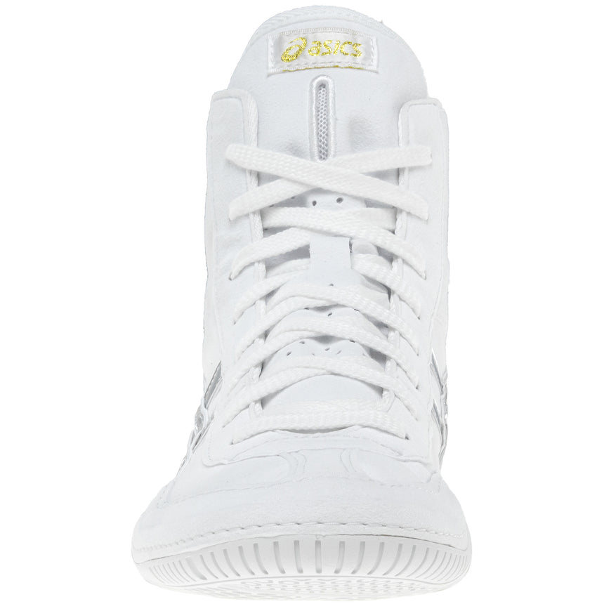ASICS Prime Attack Wrestling Shoes in White and Pure Silver front view