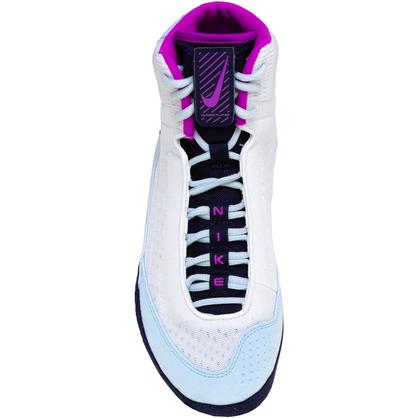 Nike Inflict 4 Wrestling Shoes in White and Purple top view