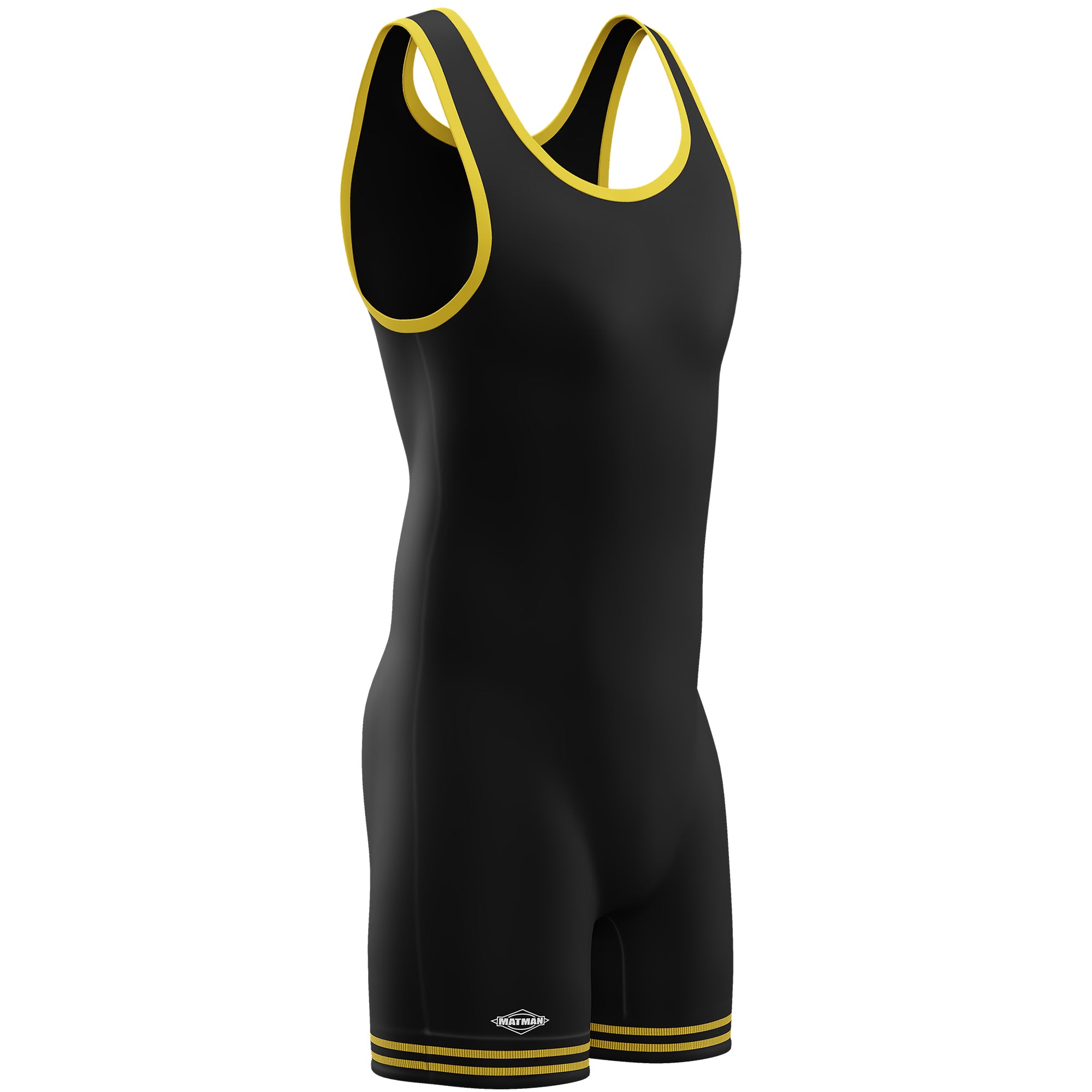 MATMAN Wrestling Co. Adult Large Black Stretch W/ Yellow Banding Singlet