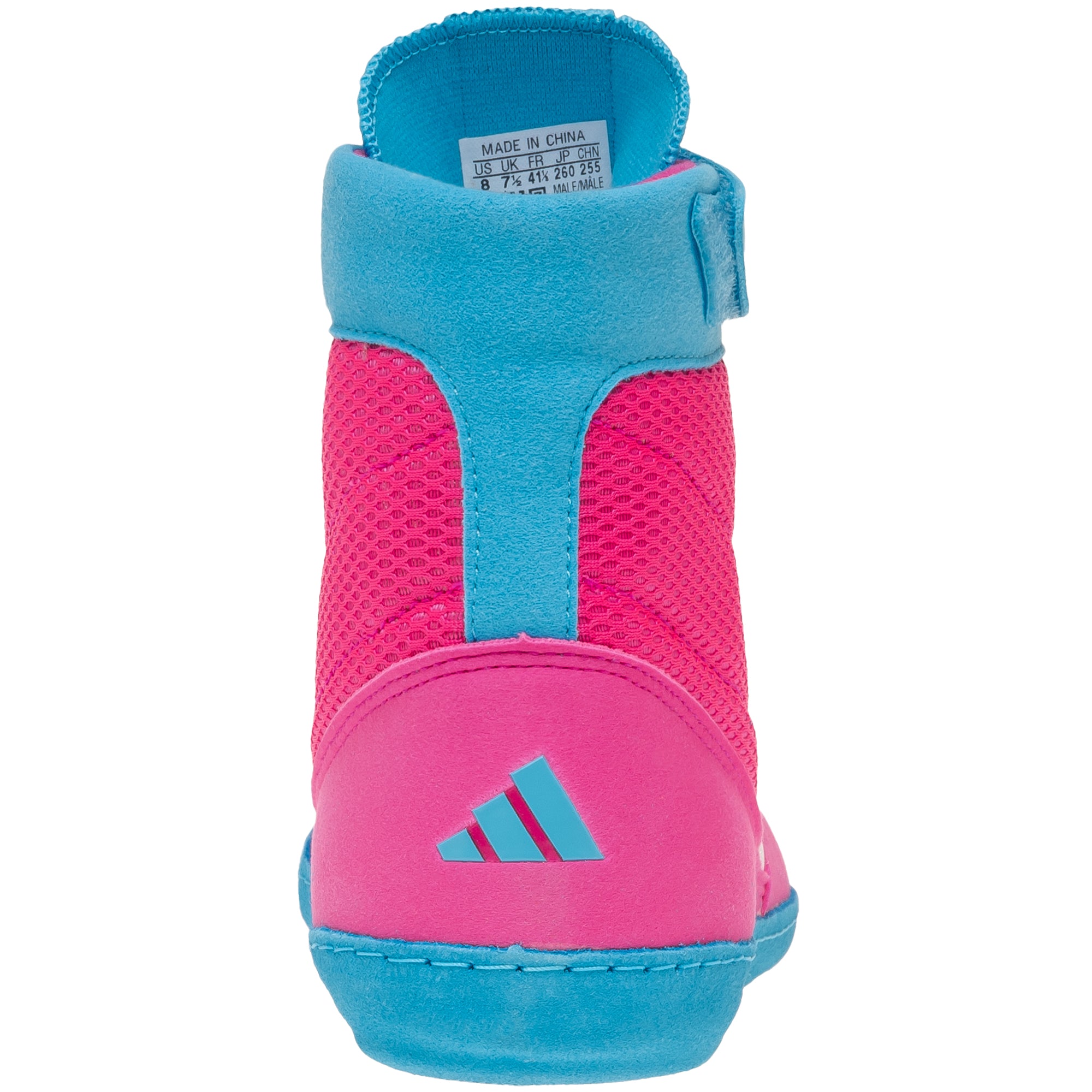 Adidas Combat Speed 4 Wrestling Shoes in Pink, White and Cyan back view