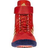 Adidas Combat Speed 5 Wrestling Shoes in Red, Gold, and Navy front view