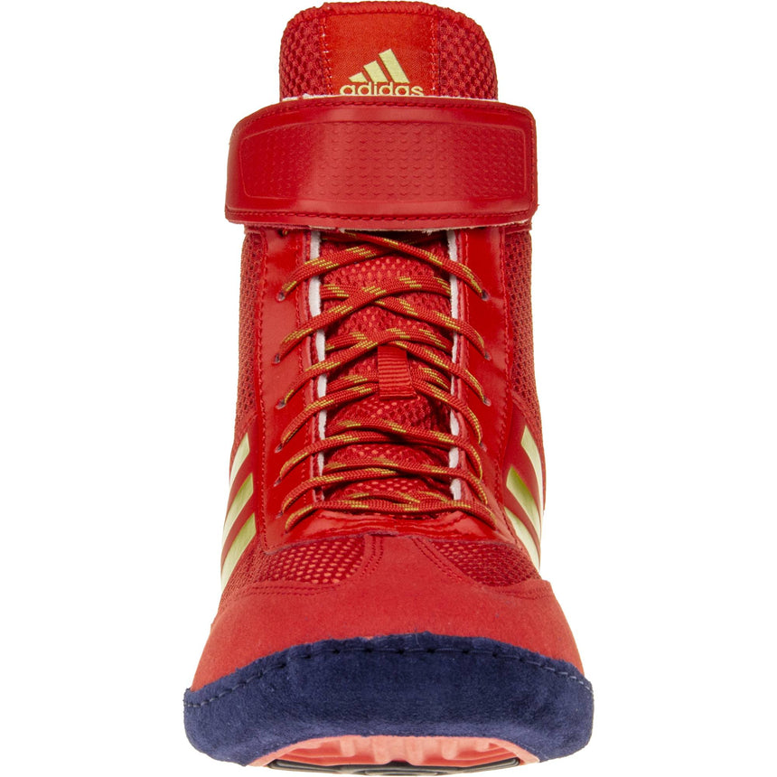 Adidas Combat Speed 5 Wrestling Shoes in Red, Gold, and Navy front view