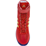 Adidas Combat Speed 5 Wrestling Shoes in Red, Gold, and Navy top view