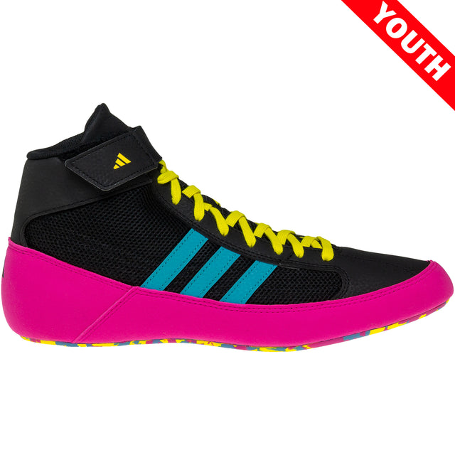 Adidas HVC 2 Kids Wrestling Shoes in Black, Cyan, and Pink side view