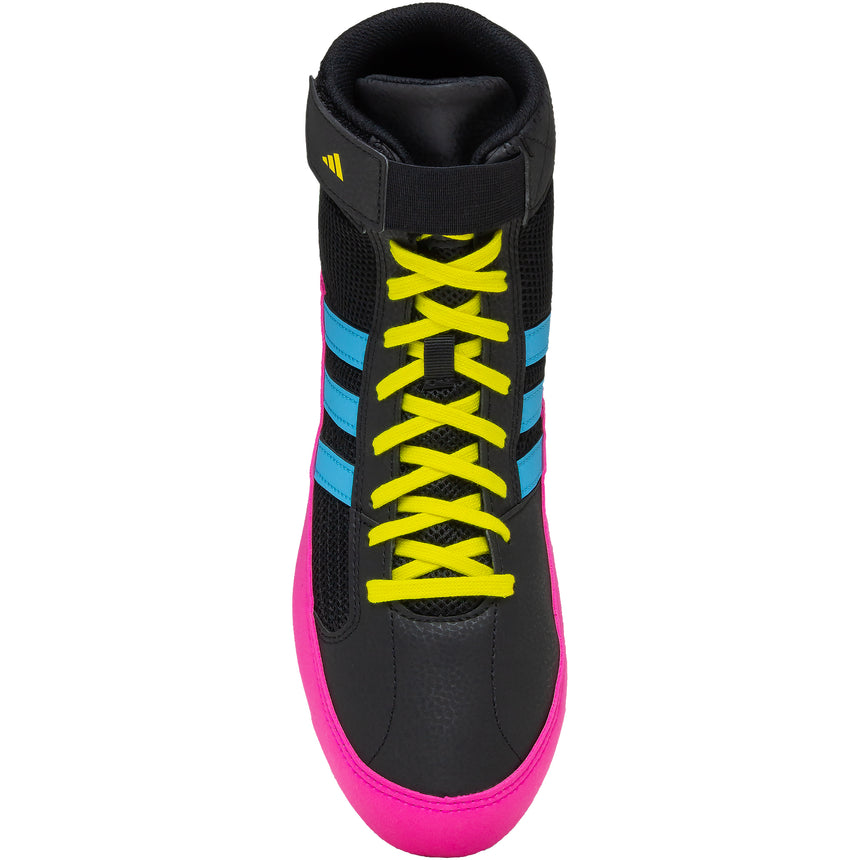 Adidas HVC 2 Kids Wrestling Shoes in Black, Cyan, and Pink top view
