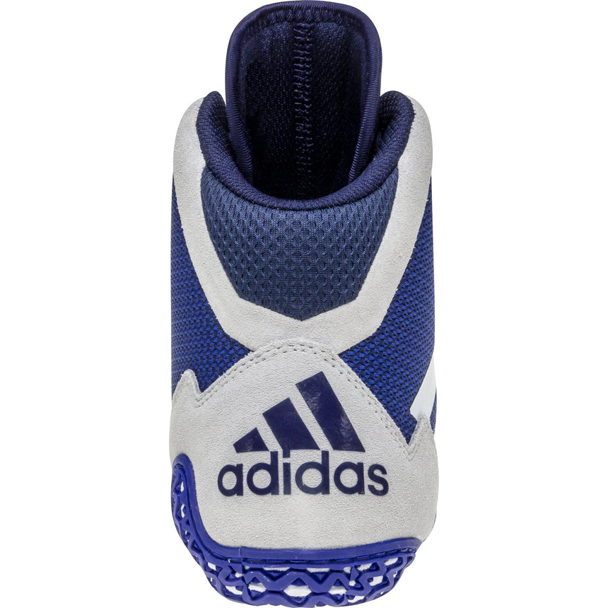 Adidas Mat Wizard 5 Wrestling Shoes in Blue, Grey, and White back view