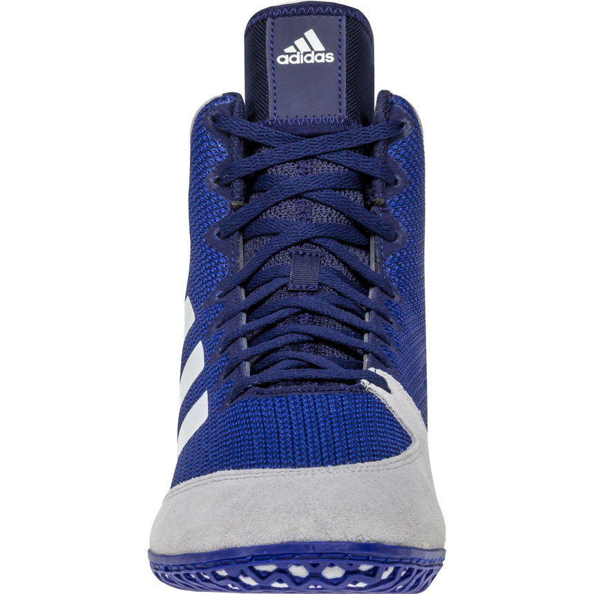 Adidas Mat Wizard 5 Wrestling Shoes in Blue, Grey, and White front view