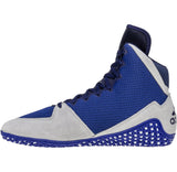 Adidas Mat Wizard 5 Wrestling Shoes in Blue, Grey, and White side view 2