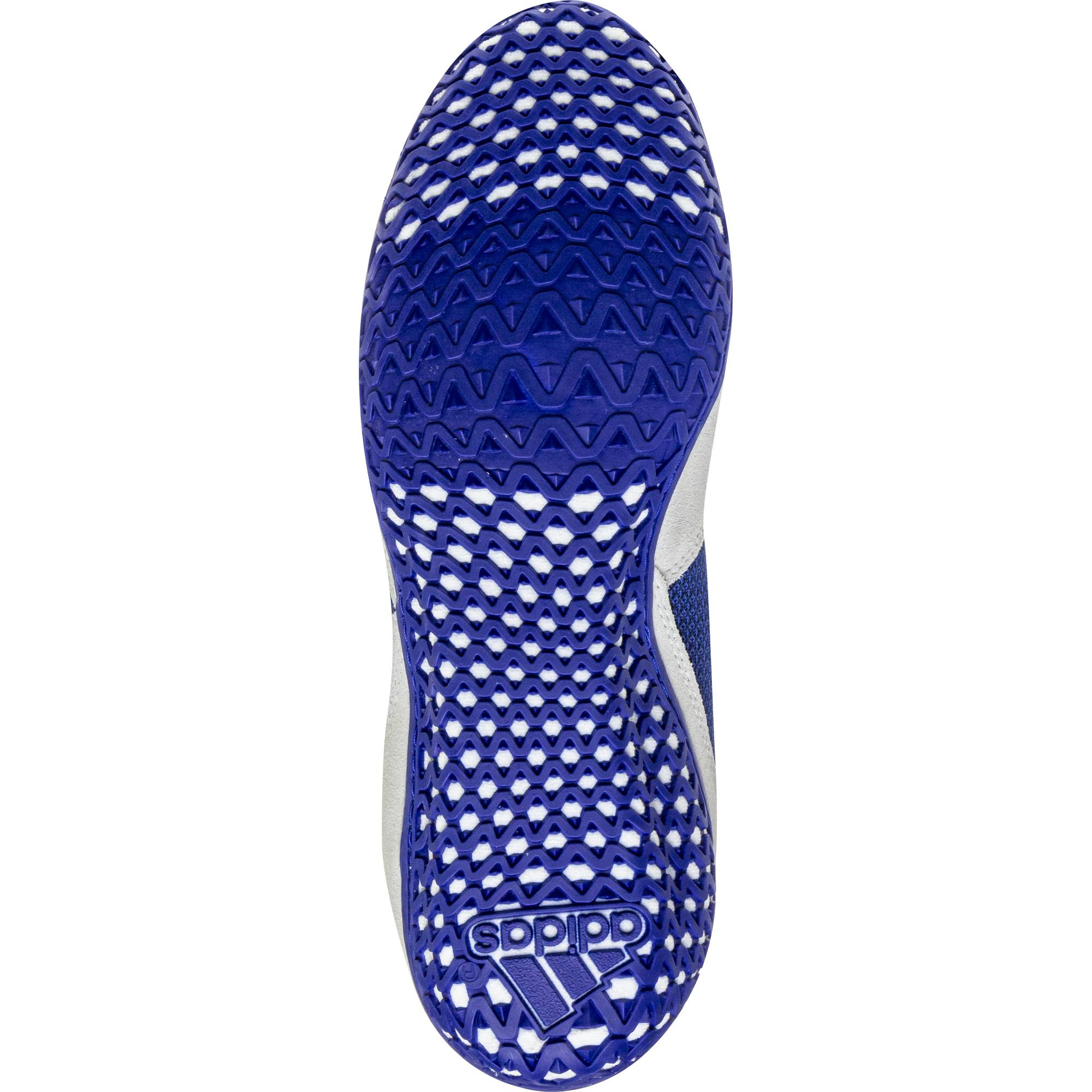 Adidas Mat Wizard 5 Wrestling Shoes in Blue, Grey, and White sole view