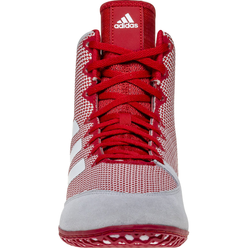 Adidas Mat Wizard 5 Wrestling Shoes in Red, Grey, and White front view