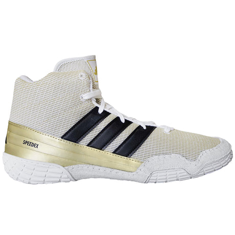 Adidas SpeedEx Wrestling Shoes in White, Black, and Gold side view