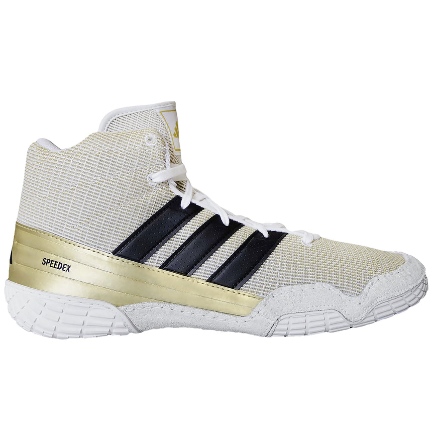 Adidas SpeedEx Wrestling Shoes in White, Black, and Gold side view