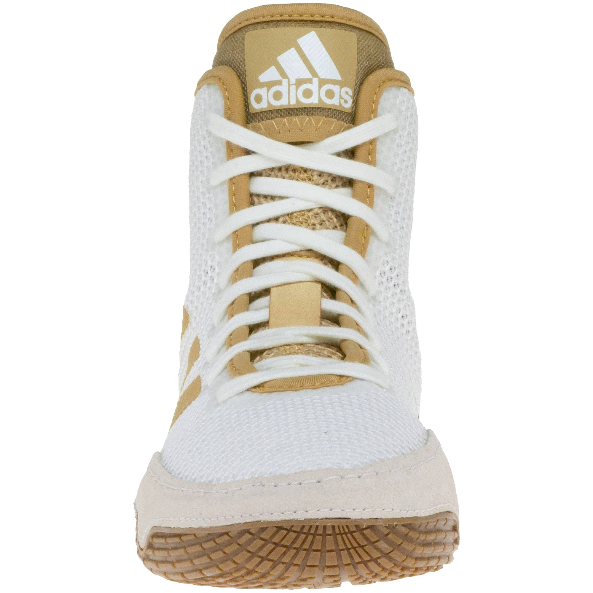 Adidas Tech Fall 2 Wrestling Shoes in White and Gold front view