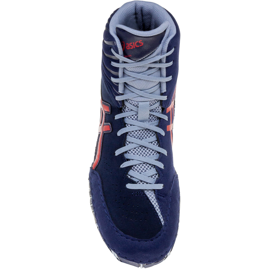 ASICS Aggressor 5 Wrestling Shoes in Dark Blue and Red top view