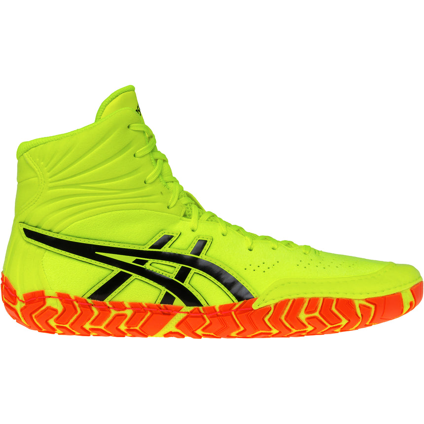 ASICS Aggressor 5 Wrestling Shoes in Safety Yellow, Black, and Orange side view
