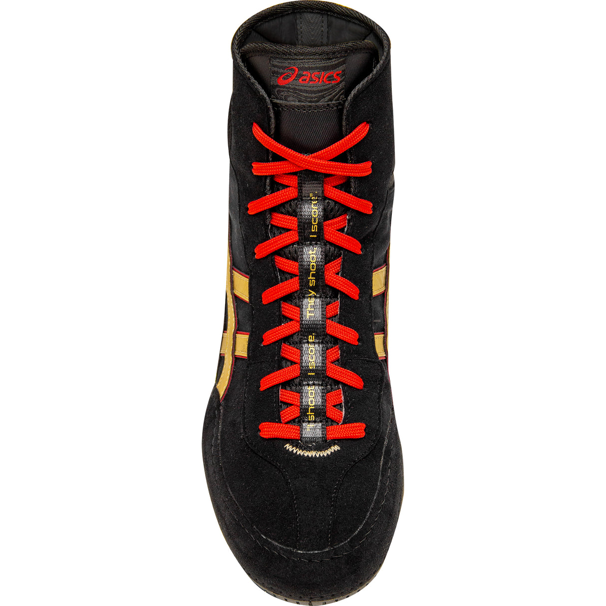 ASICS Dan Gable EVO 3 Wrestling Shoes – Black Pure Gold – lace detail 2
