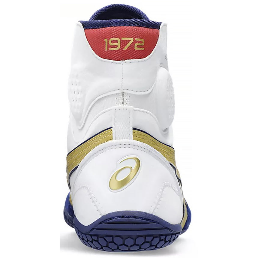ASICS Dan Gable EVO 3 Wrestling Shoes – White Rich Gold – heel view