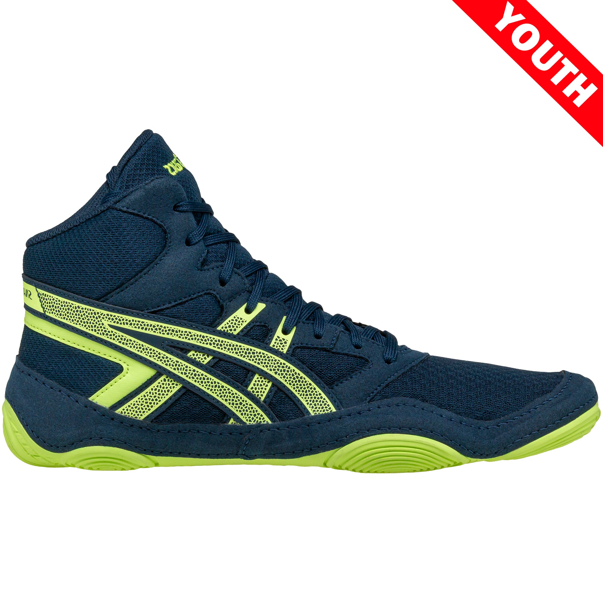 ASICS Snapdown 4 Kids Wrestling Shoes in Dark Blue and Lime side view