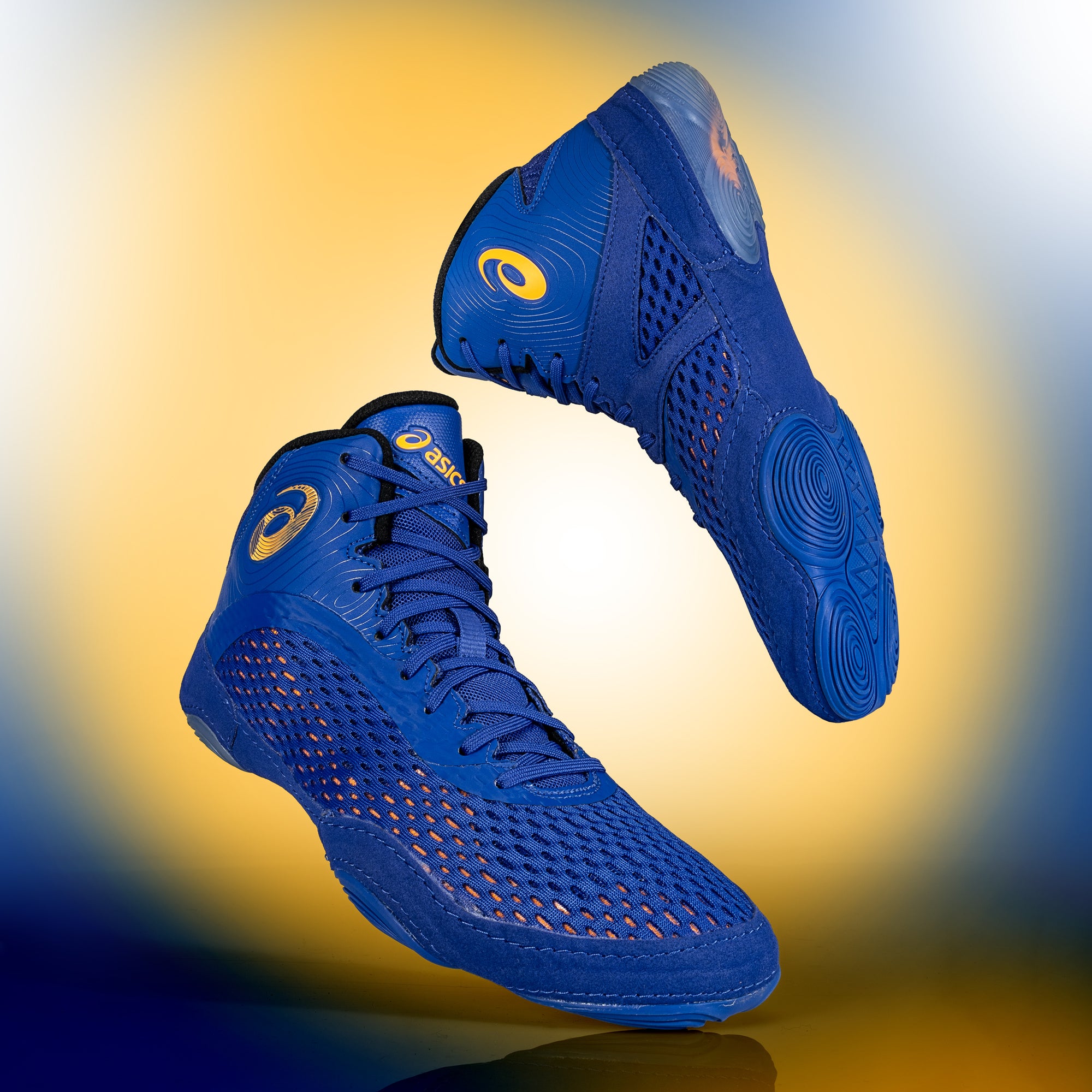 ASICS Split Elite Wrestling Shoes in Royal and Orange hero image