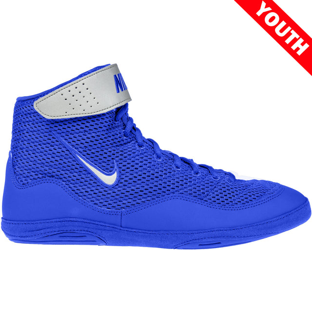 Nike Inflict 3 LE Kids Wrestling Shoes in Royal and Silver side view