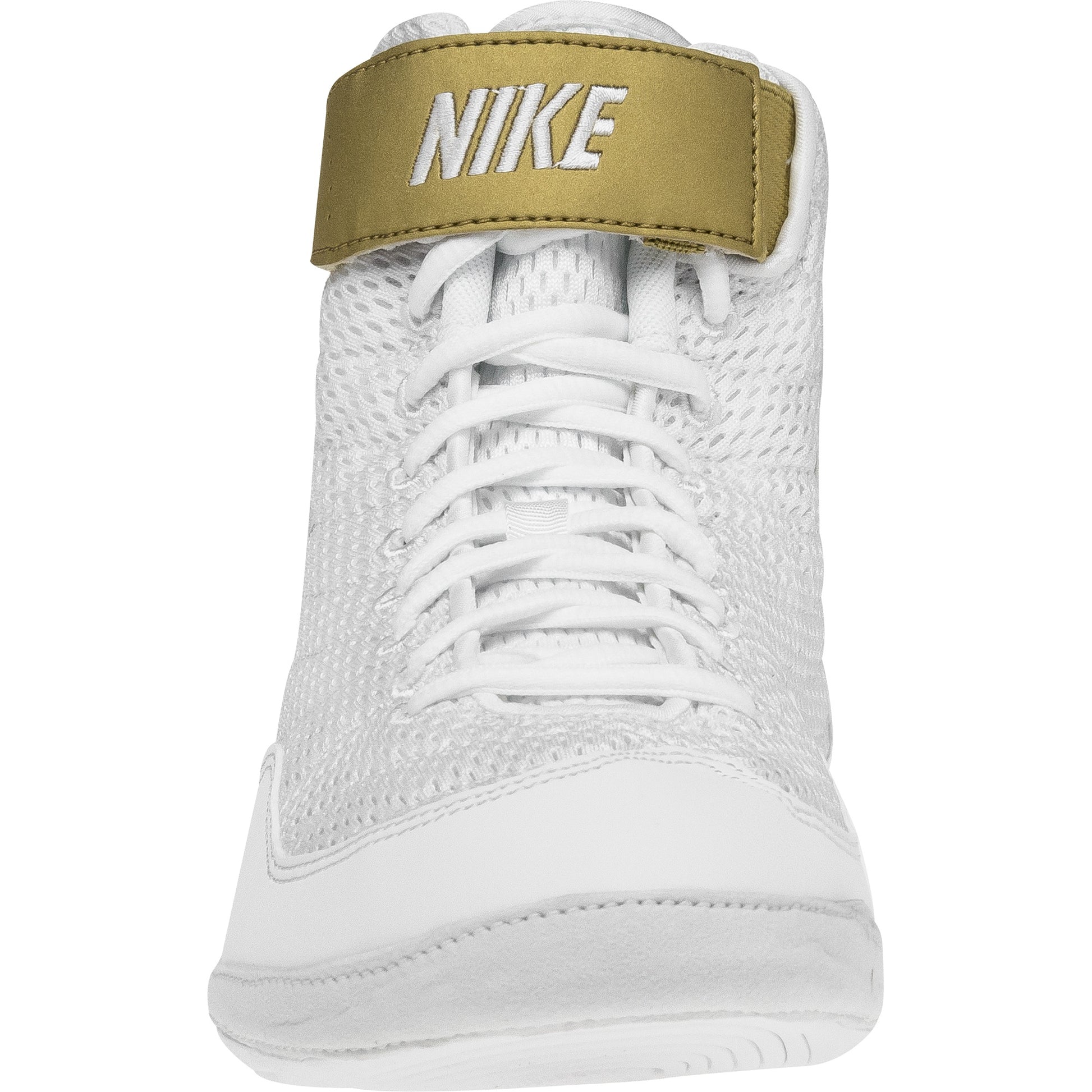 Nike Inflict 3 Wrestling Shoes in White and Gold front view