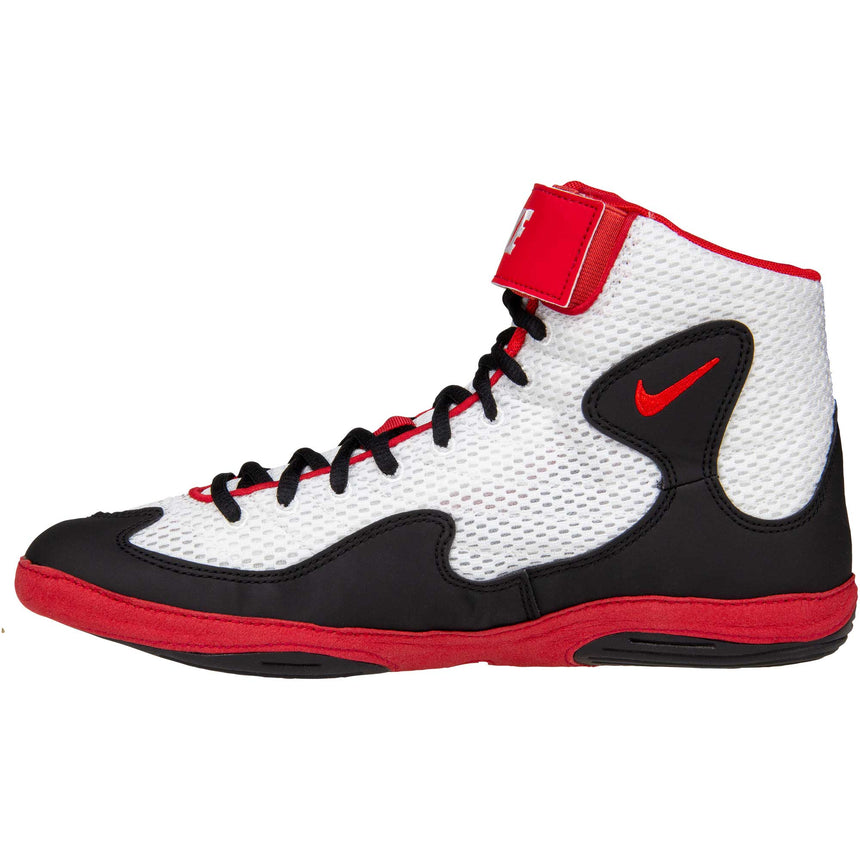 Nike Inflict 3 Wrestling Shoes in White, Red, and Black side view 2