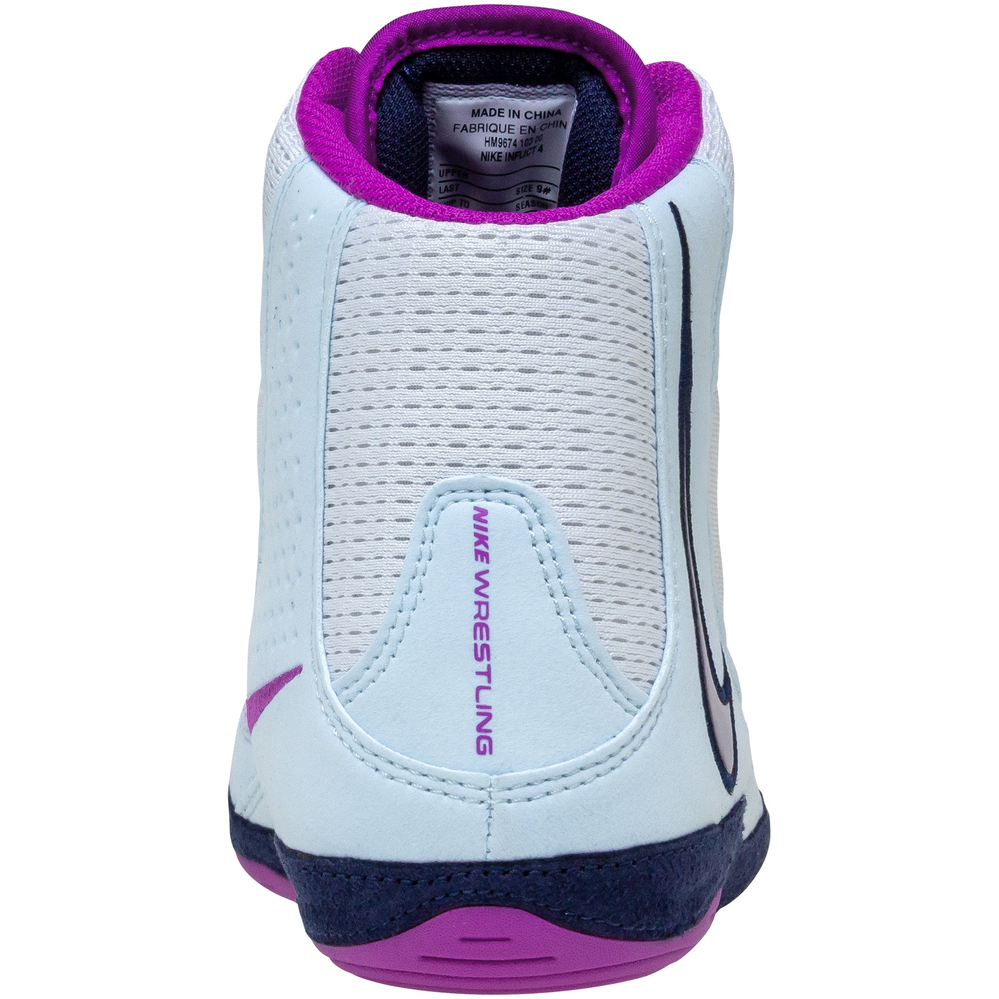 Nike Inflict 4 Wrestling Shoes in White and Purple back view