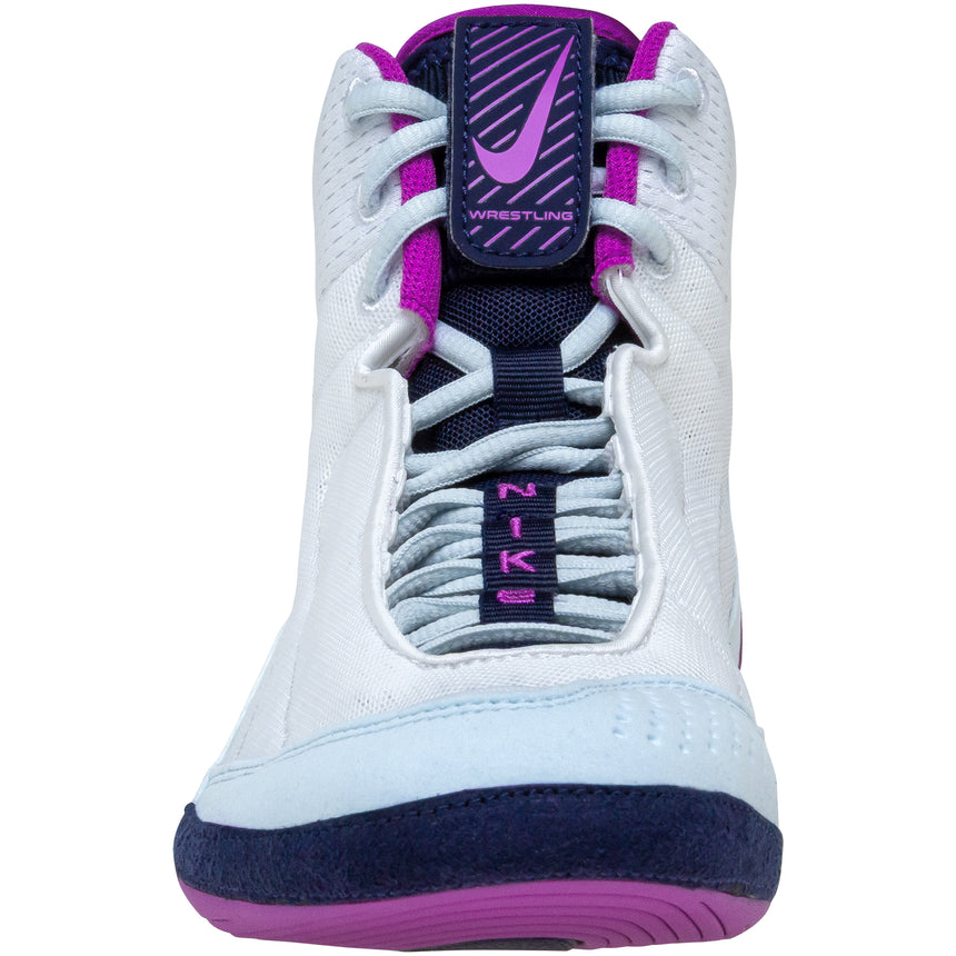 Nike Inflict 4 Wrestling Shoes in White and Purple front view