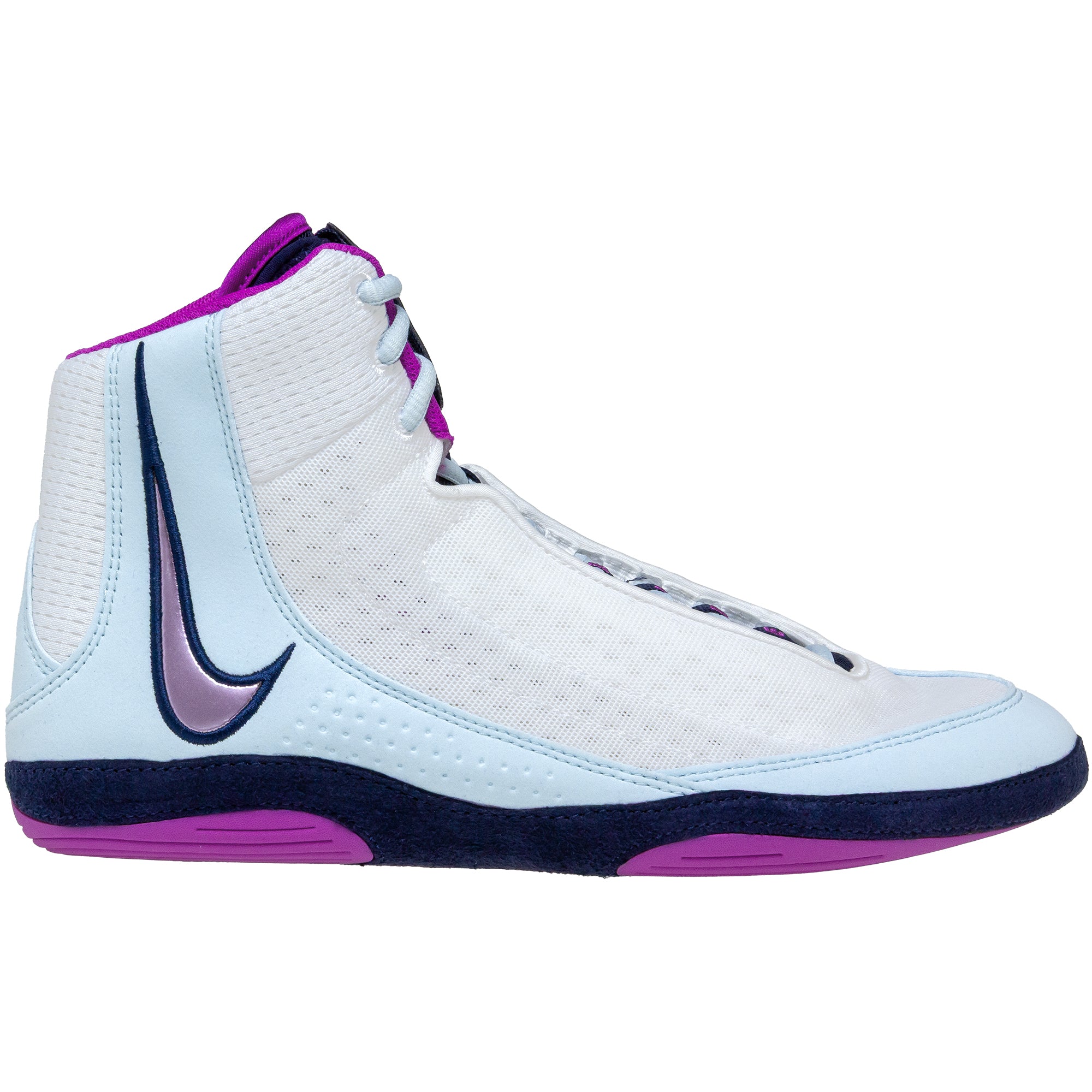 Nike Inflict 4 Wrestling Shoes in White and Purple side view