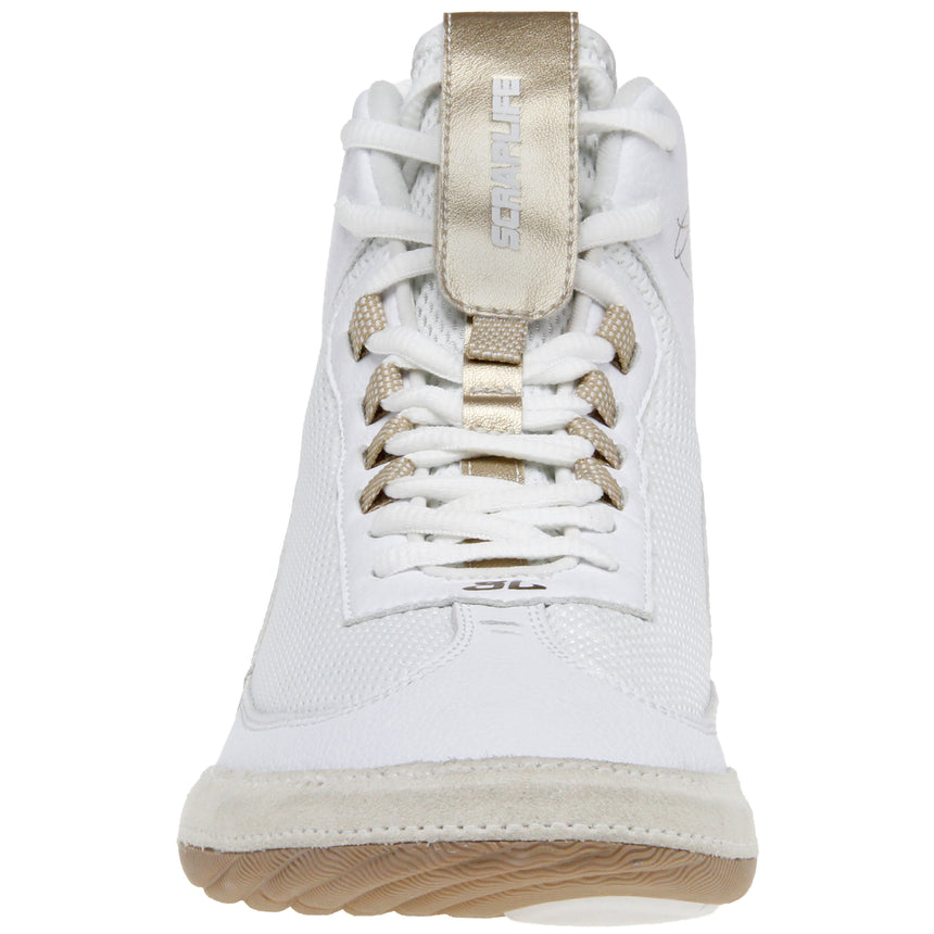 ScrapLife Ascend One Wrestling Shoes in White and Gold front view